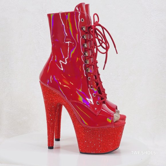 Bejeweled Red Hologram Patent Rhinestone Platform Stiletto Heel Ankle Boots Open - Picture 1 of 10